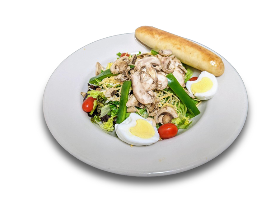 <p>Mixed greens with egg, tomato, bell peppers, mushrooms, red onion, cheddar and Monterey Jack cheese. Served with a toasted breadstick and choice of dressing.</p>