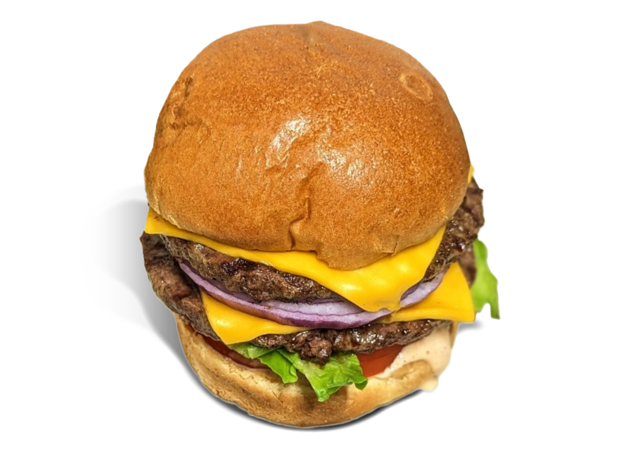 <p>2 quarter-pound patties topped with American cheese, lettuce, tomato, a thick-cut onion slice, and 1000 Island dressing. Served on a toasted butter bun with chips.</p>