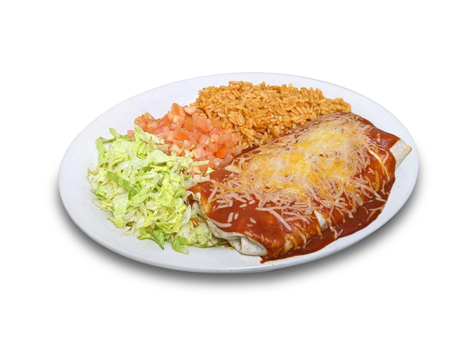 <p>A flour tortilla stuffed with refried beans and your choice of Mexican chicken, taco beef, shredded pork, or refried beans then topped with melted cheese and enchilada sauce. Served with red rice and refried beans.</p>