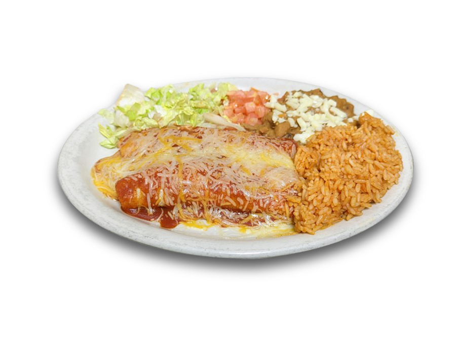 <p>Corn tortillas with your choice of Mexican chicken, taco beef, or shredded pork topped with melted cheese and enchilada sauce. Served with red rice and refried beans.</p>