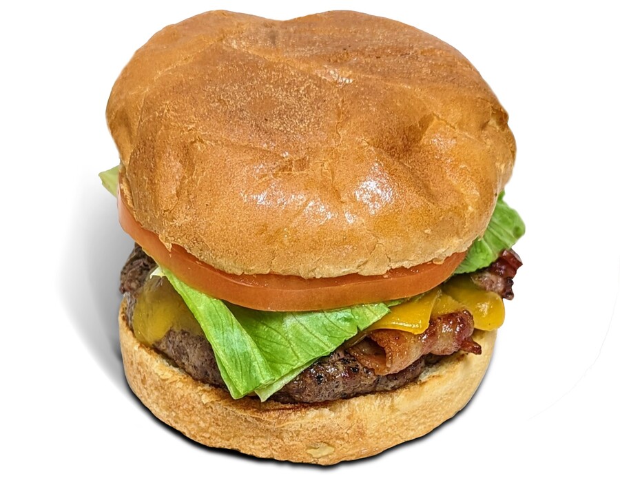 <p>1/3 pounder topped with bacon and cheddar cheese on a toasted butter bun with mayonnaise, lettuce and tomato.</p>