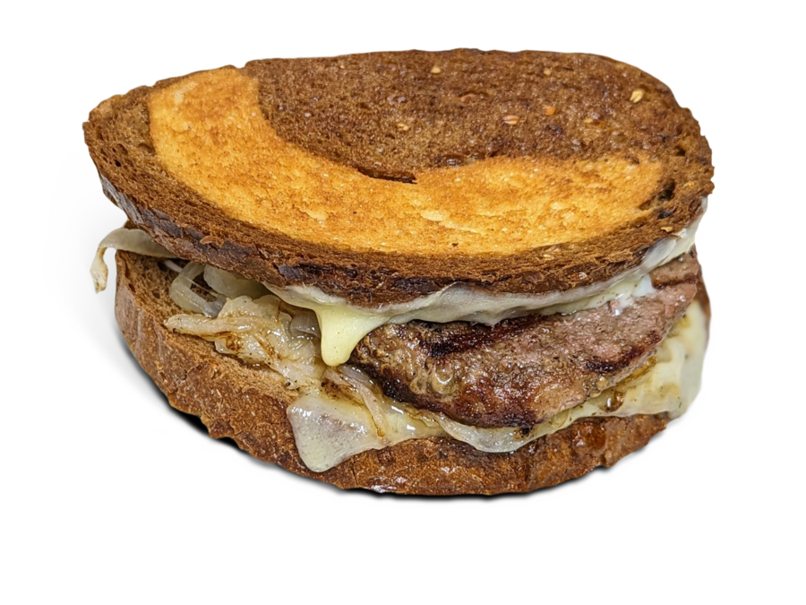 <p>1/3 pounder with Swiss cheese and grilled onions on grilled rye bread.</p>