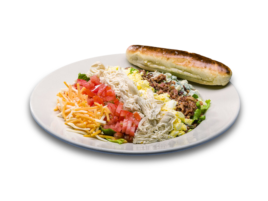 <p>Mixed greens, crumbled egg, bacon, tomatoes, red onion, bleu and cheddar jack cheeses, sliced chicken breast, served with a toasted breadstick and your choice of dressing.</p>