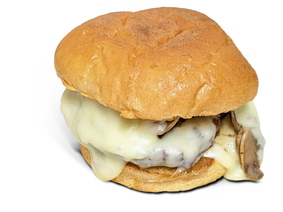 <p>1/3 pounder topped with sautéed mushrooms and smothered in Swiss cheese on a toasted butter bun.</p>