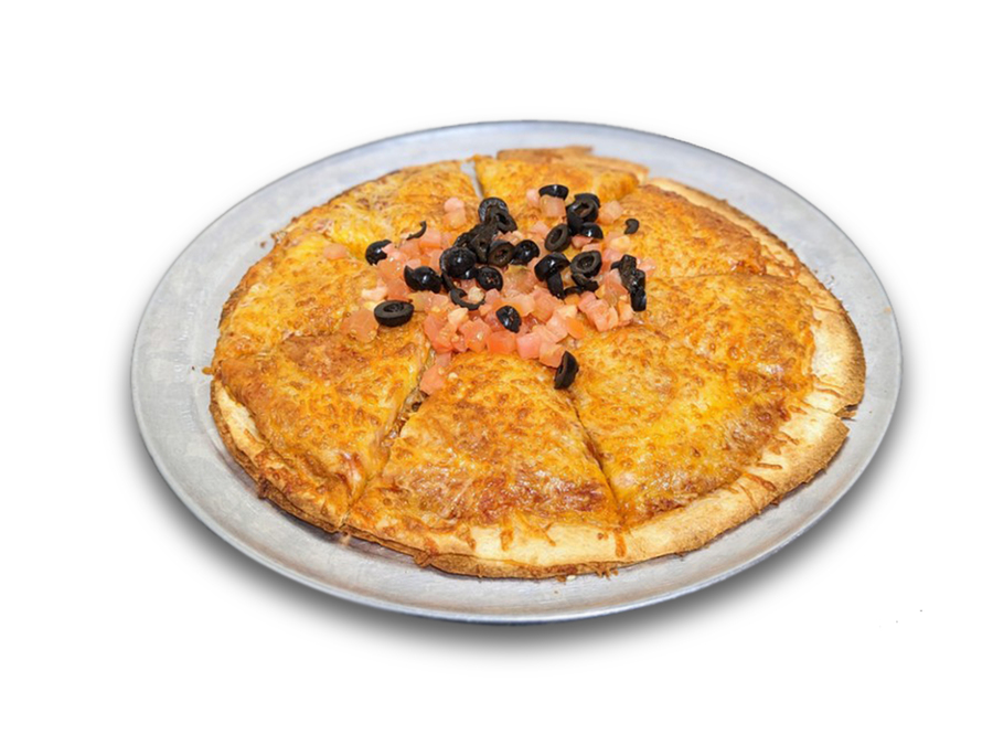 <p>Two 12” flour tortillas sandwich, refried beans and your choice of beef, chicken or pork topped with enchilada sauce, shredded cheddar jack, tomatoes & black olives.</p>