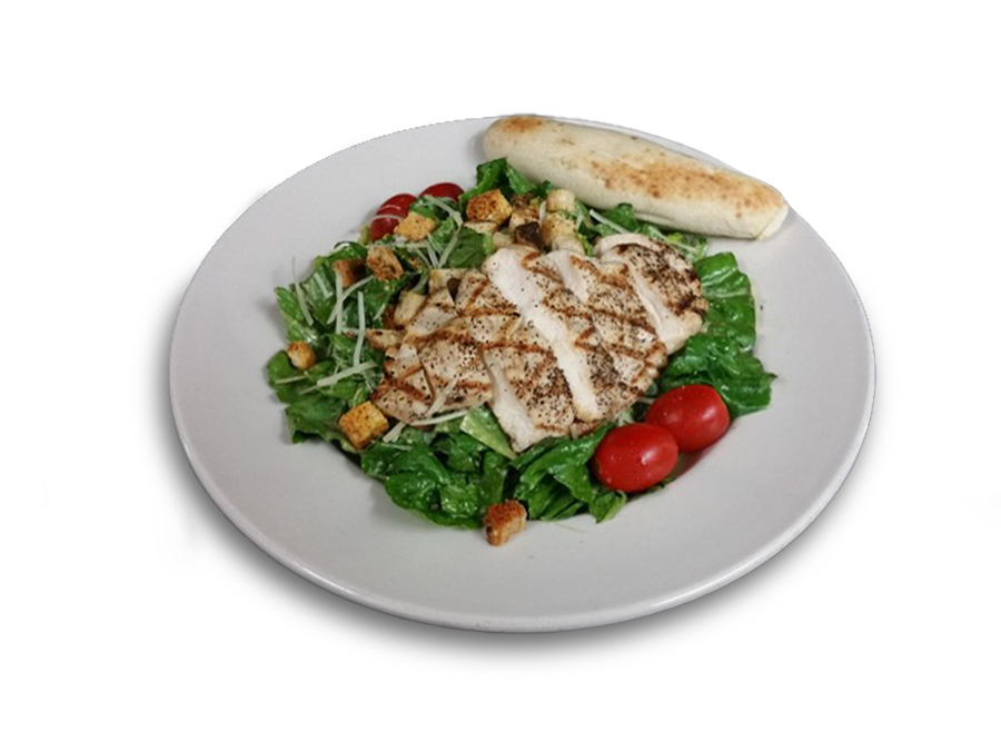 <p>A large bed of fresh crisp Romaine tossed in our garlic Caesar dressing and sprinkled with Parmesan cheese, croutons and tomatoes with a toasted breadstick on the side.</p>